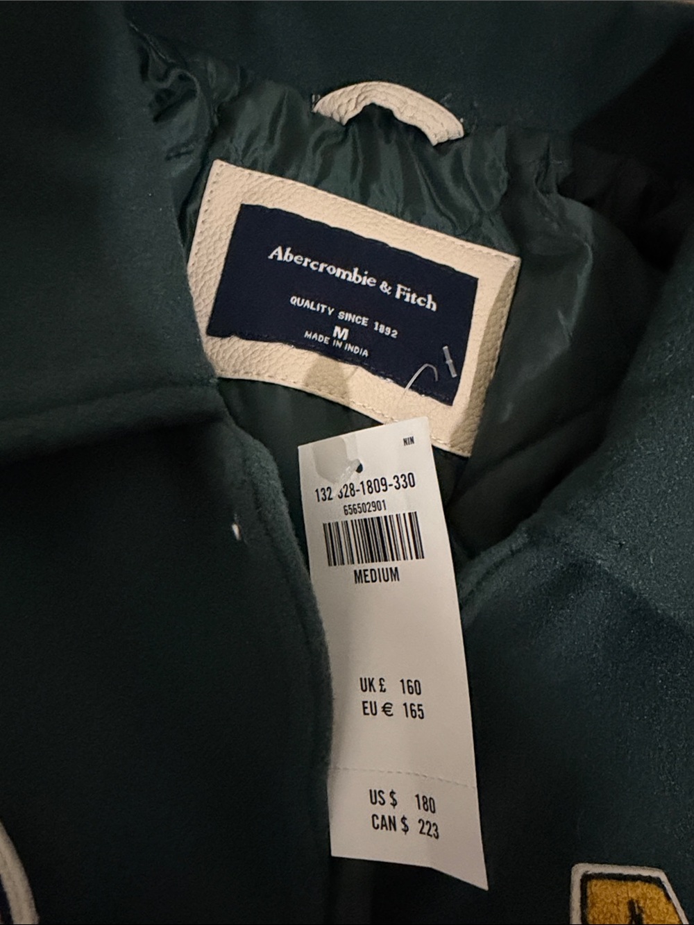 Abercrombie & Fitch Dark Green and Cream Varsity Jacket with NY Patch - Picture 2 of 3